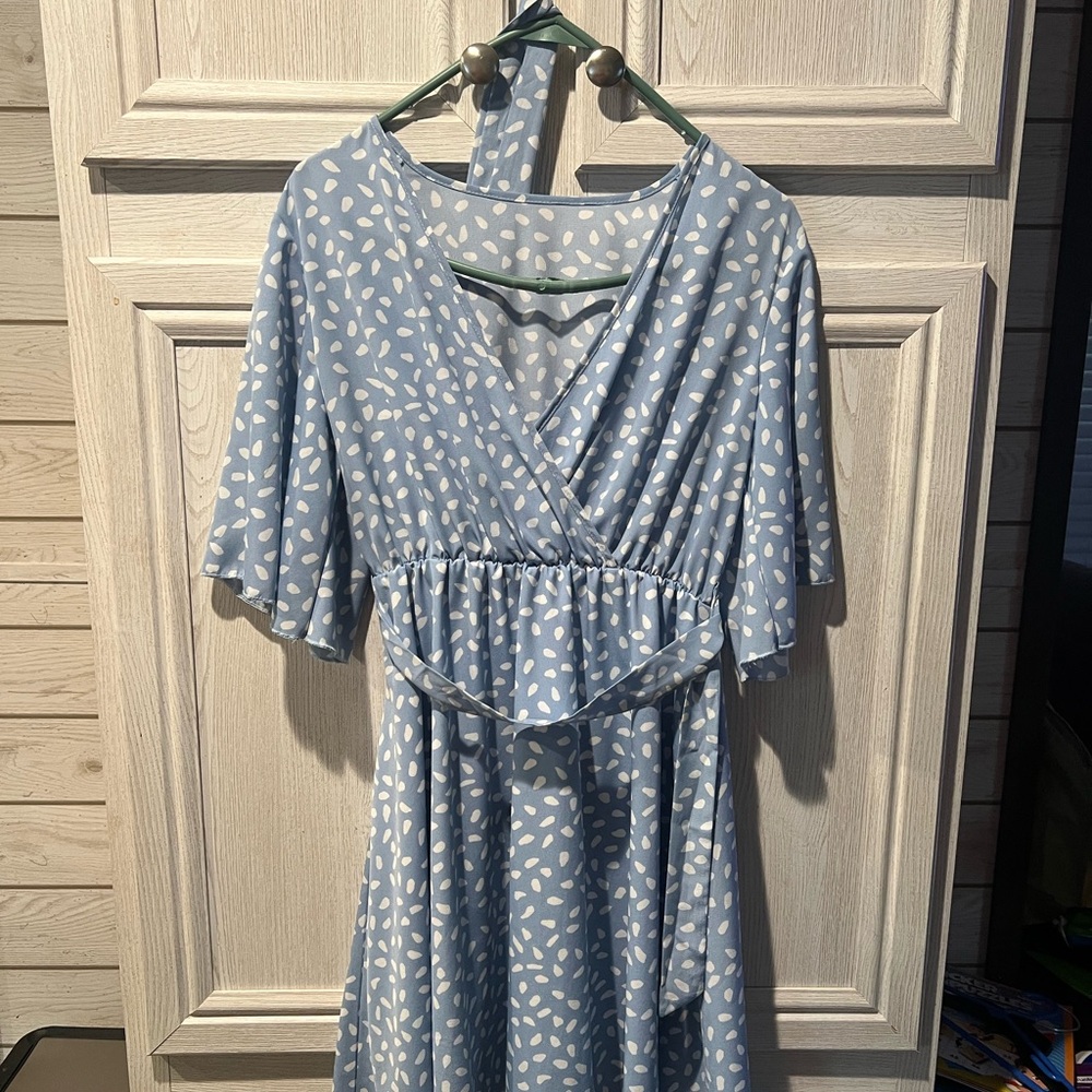 Blue and White Patterned Wrap Dress
